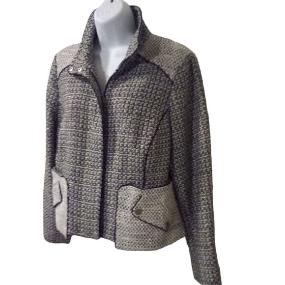 Chicos black label coated black white tweed jacket color block size 1 - Picture 2 of 10